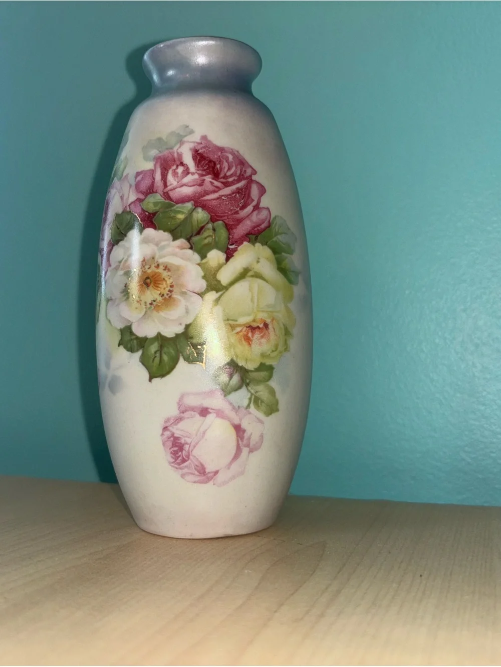 Floral Porcelain Vase in White with Pink and Green Rose Design